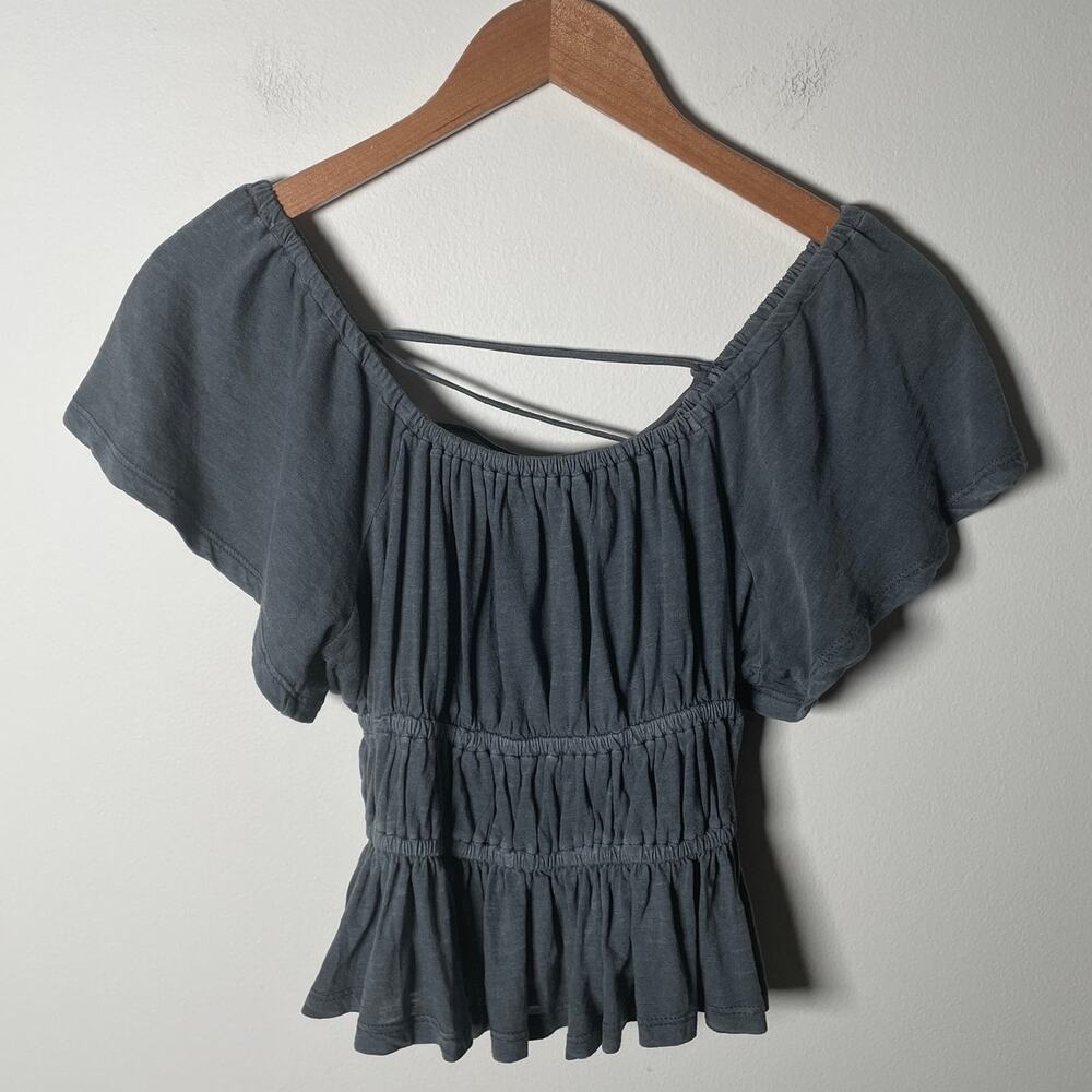 Lucky Lace Up Back Top Whimsigoth Washed Black Boho Peasant Milkmaid y2k Small